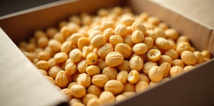 Close-up of neatly packed box, peanuts filling voids , logistics, protective packing, packing peanuts box