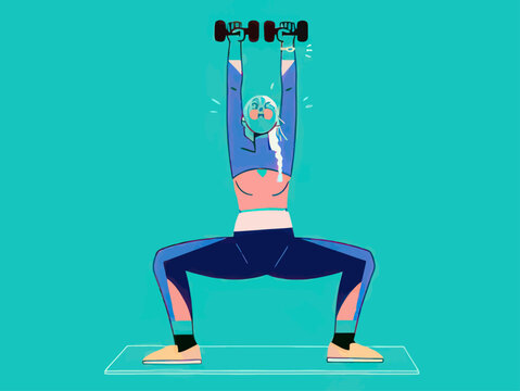 Stylized illustration of a woman performing a dumbbell overhead squat workout
