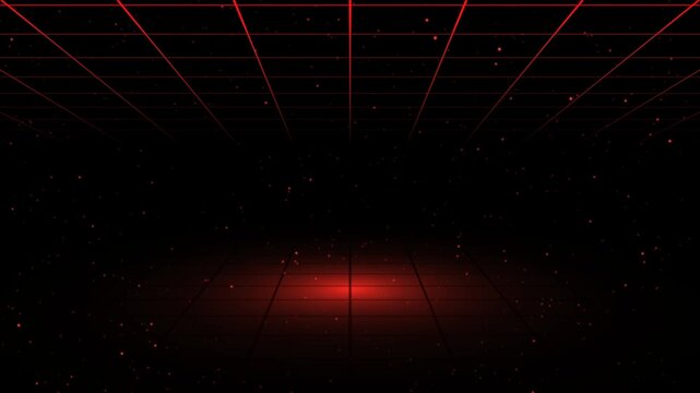 Fiery red neon 10 to 0 second countdown with grid and particles on black background