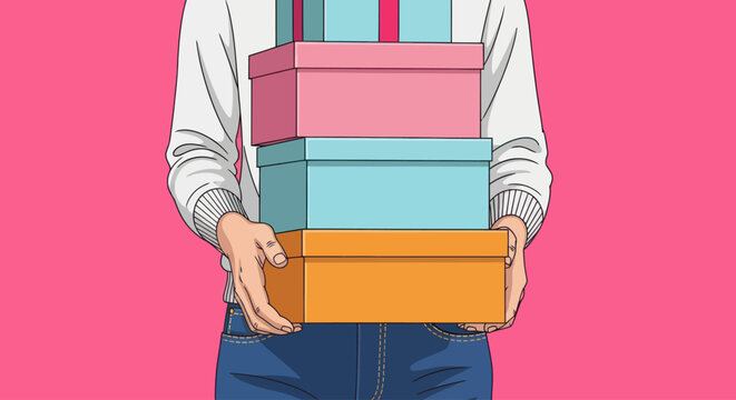 Person holding a stack of colorful gift boxes