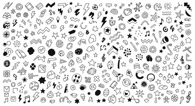Collection of hand-drawn doodle icons and symbols on white background.