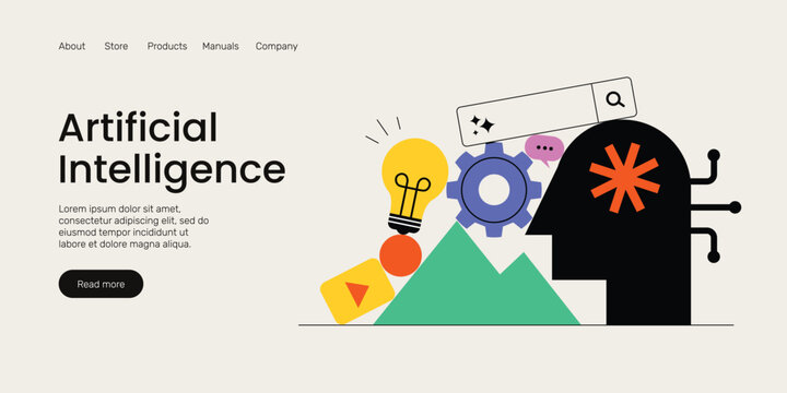 Colorful AI Technology cover template with playful abstract shapes. technology, machine learning, neural network, Artificial Intelligence landing page concept.