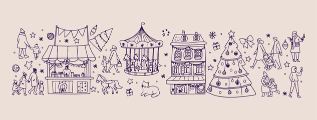 Carnival festival fireworks line art, Hand drawn celebration parade illustration, Minimalist circus and funfair vector, Aesthetic party night sketch graphics, Creative festival masks doodle elements,  © Geetaroy