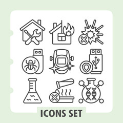 Fototapeta premium House repair, flash drive, chemicals flask icons, collection illustrating concepts such as safety, science, technology, repair and laboratory research. Set of nine line icons on white background.
