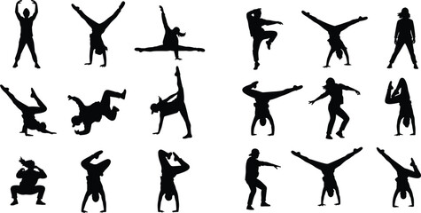 Dynamic collection of breakdance silhouettes featuring hip hop dancers, b-boys performing handstands, acrobatic flips, urban street dance poses, and athletic gymnastics maneuvers. © Rahen