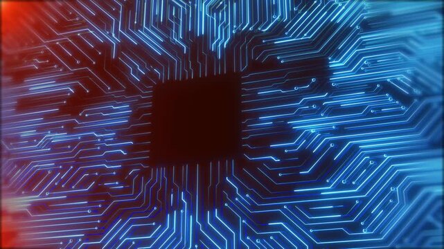 AI Artificial intelligence in CPU chipset. Central processor unit electric print circuit board data traffic light dark grain processed big data digital code futuristic information technology computer