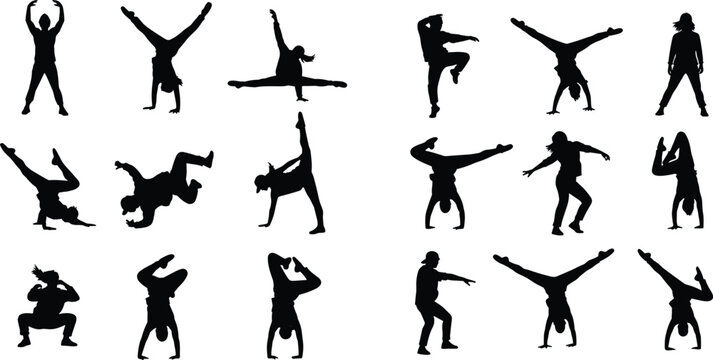 Dynamic collection of breakdance silhouettes featuring hip hop dancers, b-boys performing handstands, acrobatic flips, urban street dance poses, and athletic gymnastics maneuvers.