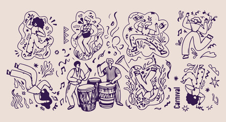 Live musical band performance illustration, Hand drawn musicians playing instruments, Minimalist jazz band line art vector, Aesthetic music concert doodle sketch, Creative drum and trumpet player grap © Geetaroy