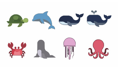 Minimal cartoon marine animals vector set with simple turtle dolphin whale seal jellyfish crab octopus isolated on white © Sabbir
