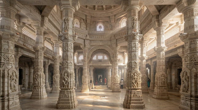 Ranakpur Jain Temple, Exquisite white marble carved pillars, soft sunlight filtering through domes, intricate interior architecture, ultra-realistic,