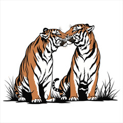 Obraz premium Tiger couple illustration, orange and white tigers, animal vector graphics, wildlife art, endangered species icons