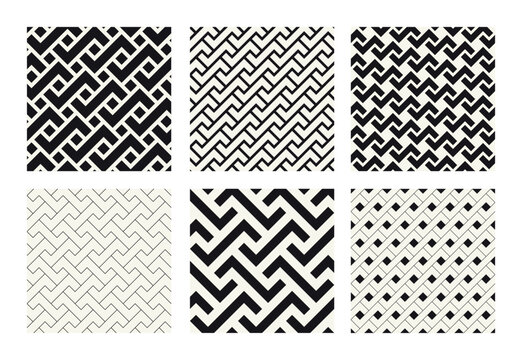 Vector seamless patterns set. Versatile essential ornaments. Geometric backgrounds with thin linear and bold designs. Regular monochrome swatches. Basic versatile tileable grids.