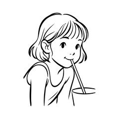 Logotipo con dibujo minimalista con líneas de una chica joven bebiendo de un vaso de papel con una pajita © teracreonte