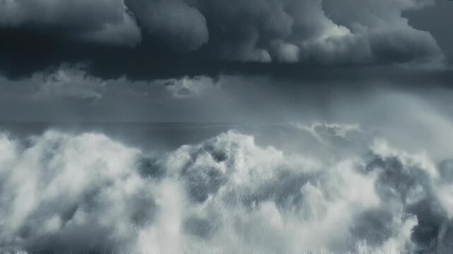 Powerful ocean waves crashing with dramatic storm clouds and turbulent water in a stormy sea