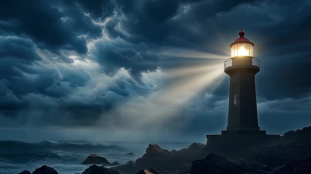 Lighthouse, glowing light beam, rocky coastline, stormy weather with dark clouds, symbolizing hope and guidance