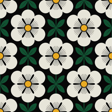 Flower seamless pattern with white flowers and green leaves on black background