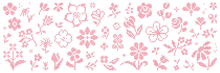 Embroidered cross-stitch element asset pack. Hand drawn retro hatch flower and shape. Vector isolated shape. © gorozhinak