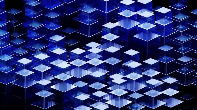 Abstract 3D Glass Cube Grid Glowing Blue Animation