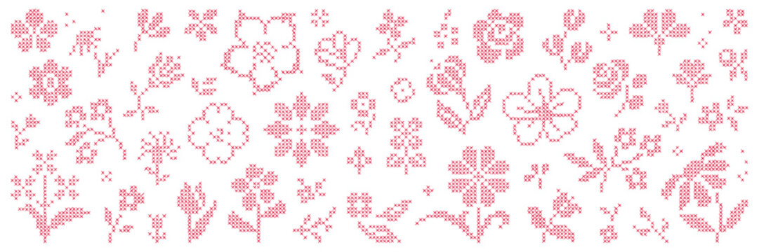 Embroidered cross-stitch element asset pack. Hand drawn retro hatch flower and shape. Vector isolated shape.