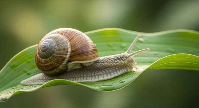 A garden snail with a spiral shell slowly travels across a vibrant green wet leaf during the morning humidity while dew drops gather on the foliage surface in this peaceful wildlife wilderness
