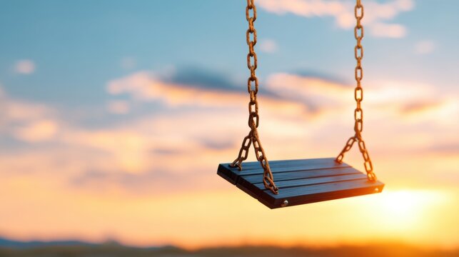 empty swing flying high against a sunset sky, motion blur, feeling of freedom, nostalgia, warm orange light, silhouette