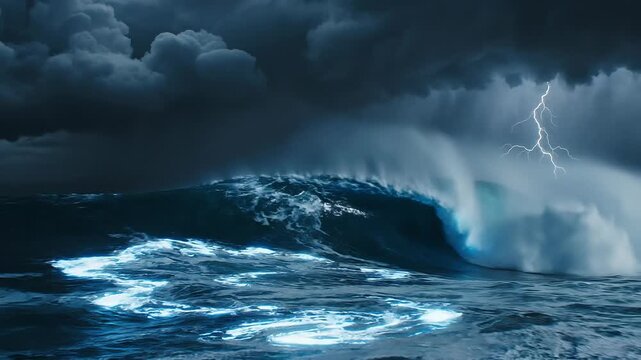 Powerful ocean storm with lightning and large crashing waves under dark cloudy sky at night