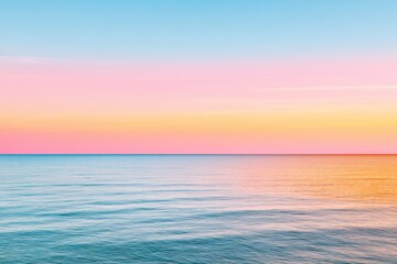 Fototapeta premium Minimalist seascape horizon. Calm ocean meeting the sky perfectly. Pastel colors of sunset (pink, pale blue). No land in sight. Photography.