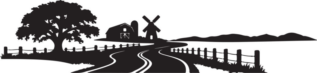Obraz premium Winding road through countryside with tree and fence silhouette vector icon