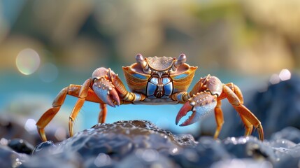 Fototapeta premium Regal crab made of polished bronze and deep blue lapis lazuli, claws encrusted with small diamonds. Sitting on a rock made of raw silver ore