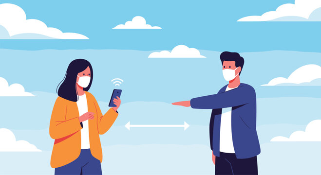 Young man and woman wearing face masks maintain social distancing while standing outdoors to prevent the spread of viral infection.