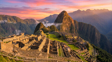 Fototapeta premium Machu Picchu ancient Inca citadel at sunrise with dramatic sky