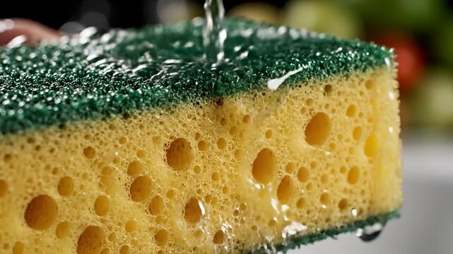 Closeup of water pouring onto a yellow and green scrubbing sponge.