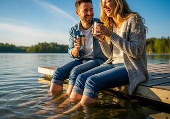 Kobieta i mężczyzna siedzą na pomoście, piją kawę z kubków i moczą nogi w wodzie