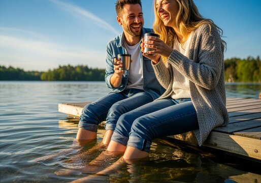 Kobieta i mężczyzna siedzą na pomoście, piją kawę z kubk&oacute;w i moczą nogi w wodzie
