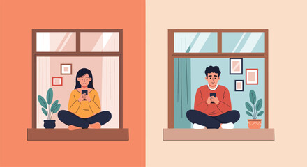 Fototapeta premium Man and woman sitting in their own apartment windows while using their smartphones to stay connected online.