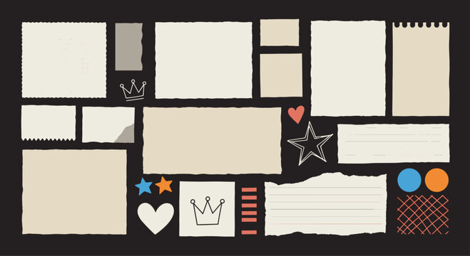 Scrapbooking collection of torn paper notes, postage stamps, and decorative icons like hearts and stars for journal page layouts.
