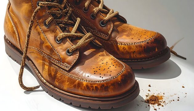 Vintage brown leather brogue boots with laces on white surface