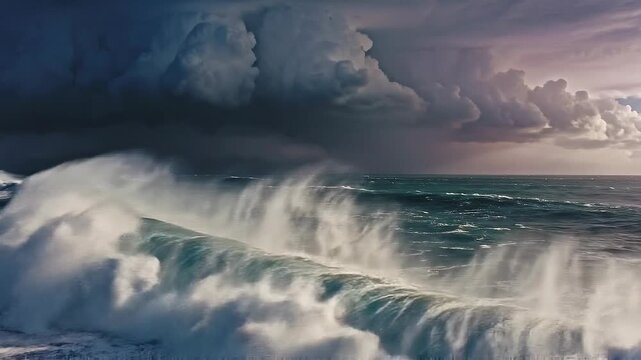 Powerful ocean waves crashing under dramatic stormy sky with dark clouds and turbulent sea