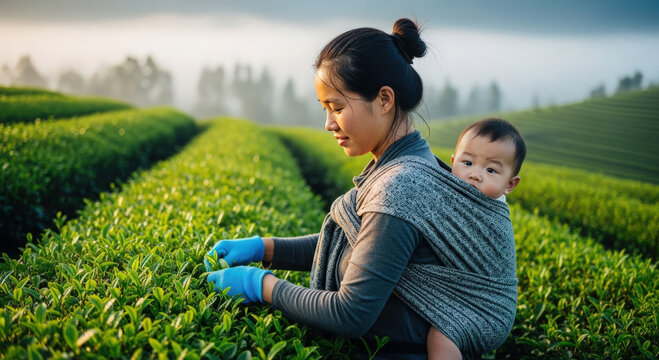 Asian mother carrying her baby in a fabric sling while harvesting green tea leaves on a plantation