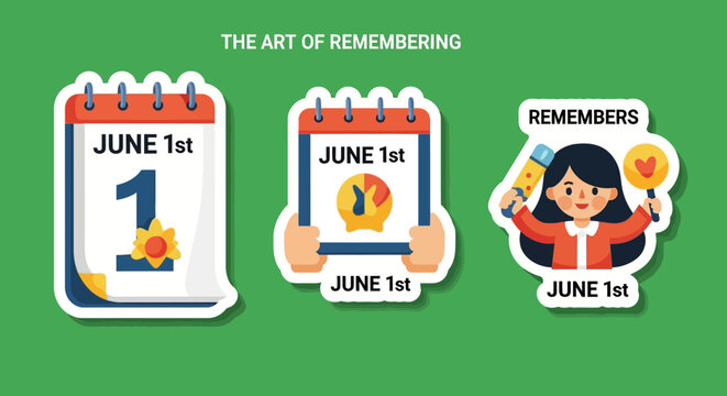 Colorful June 1st Calendar Stickers on Green Background.
