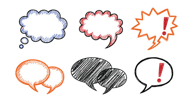 Collection of hand drawn scribbled speech bubbles in various colors and shapes for expressive comic book style annotations and notes.