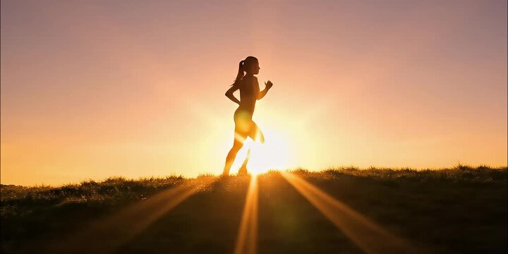 Woman running on hill during sunset with sunbeams breaking through warm sky active lifestyle and outdoor fitness concept motion footage.