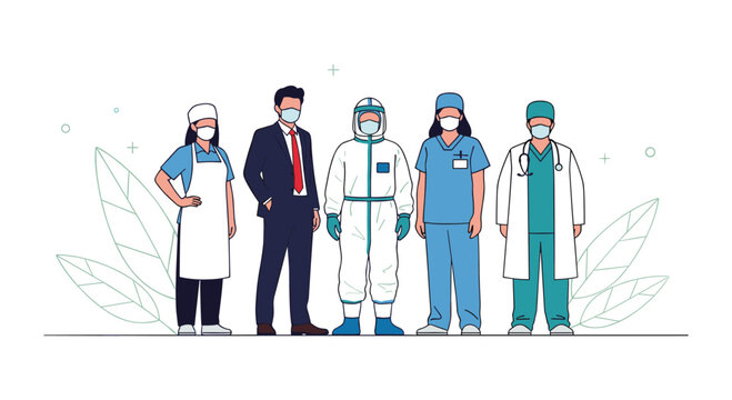 Diverse group of essential workers including a chef, police officer, nurse, and firefighter standing together.