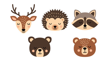 Fototapeta premium Collection of adorable forest animal faces including a deer, hedgehog, raccoon, and bears with eyes closed in a sweet nursery art style.