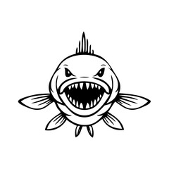 Logotipo con dibujo minimalista con líneas de un pez enojado visto de frente, con la boca abierta enseñando los colmillos  © teracreonte