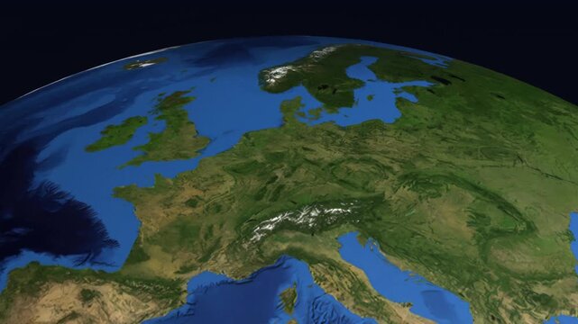 Airplane flying over Europe mapping flight path from Edinburgh to London on globe.