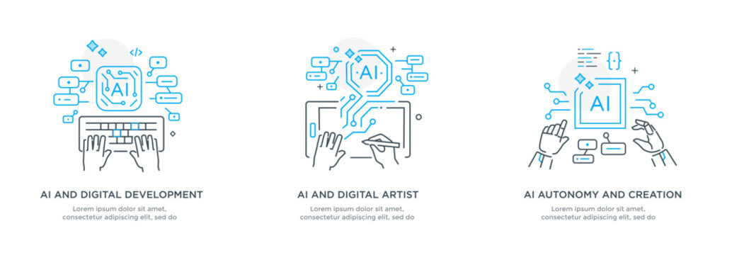 Set of illustrations concept with businessmen. technology, partnership, artificial intelligence business robot, cybes. linear illustration Icons infographics. Landing page site print poster. Line