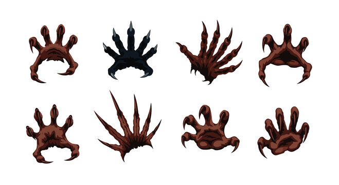 Collection of monstrous and demonic hands with sharp claws in different poses and dark colors for horror designs.