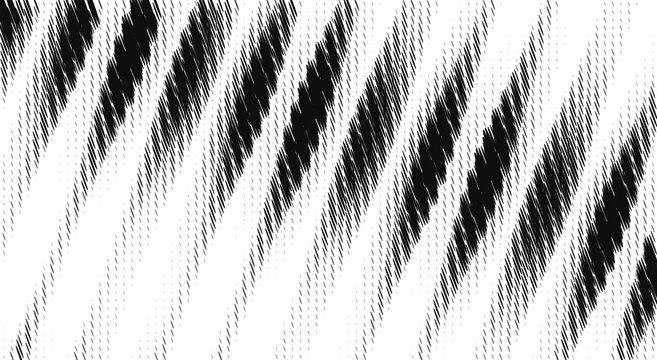 Black white thin diagonal glitch lines - fuzzy distorted halftone pattern, dark dynamic motion speed mood - background for retro tech flyer - 3d render, digital texture, wallpaper.
