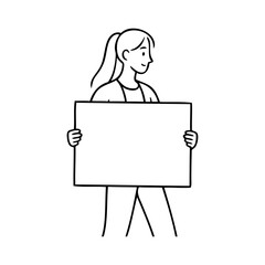 Logotipo con dibujo minimalista con líneas de una mujer de pie sujetando un cartel en blanco para publicidad © teracreonte